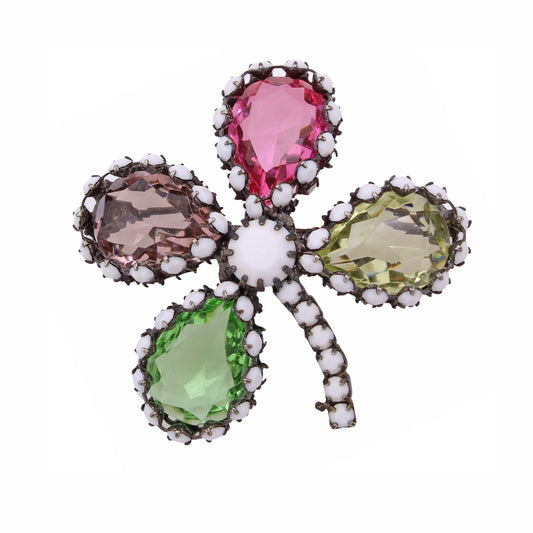 Colorful Rhinestone Four Leaf Clover Shamrock Pin Brooch Front