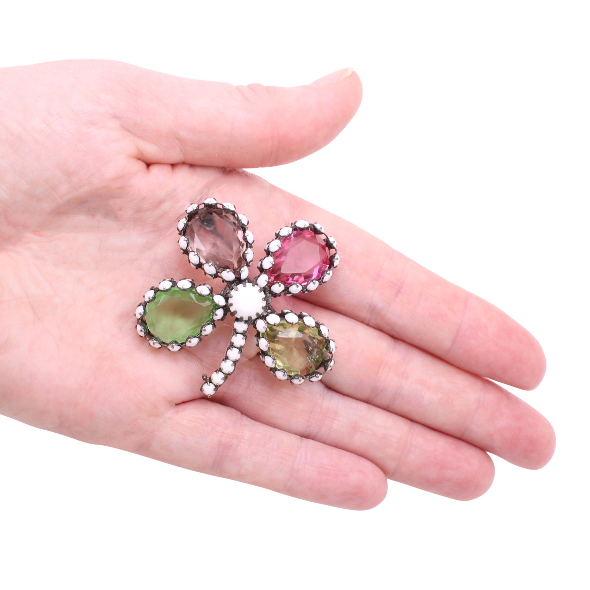 Colorful Rhinestone Four Leaf Clover Shamrock Pin Brooch Held