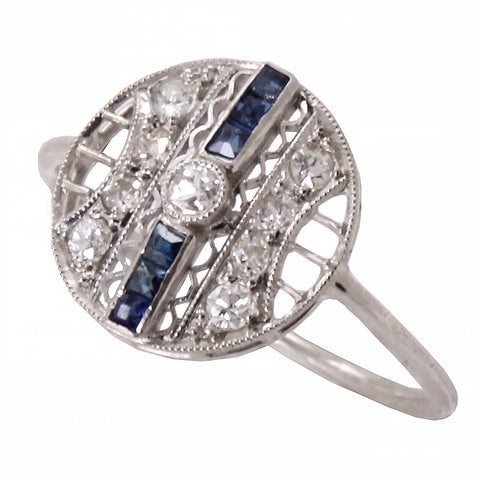 Platinum and 14k Gold Diamond and Blue Sapphire Ring Front