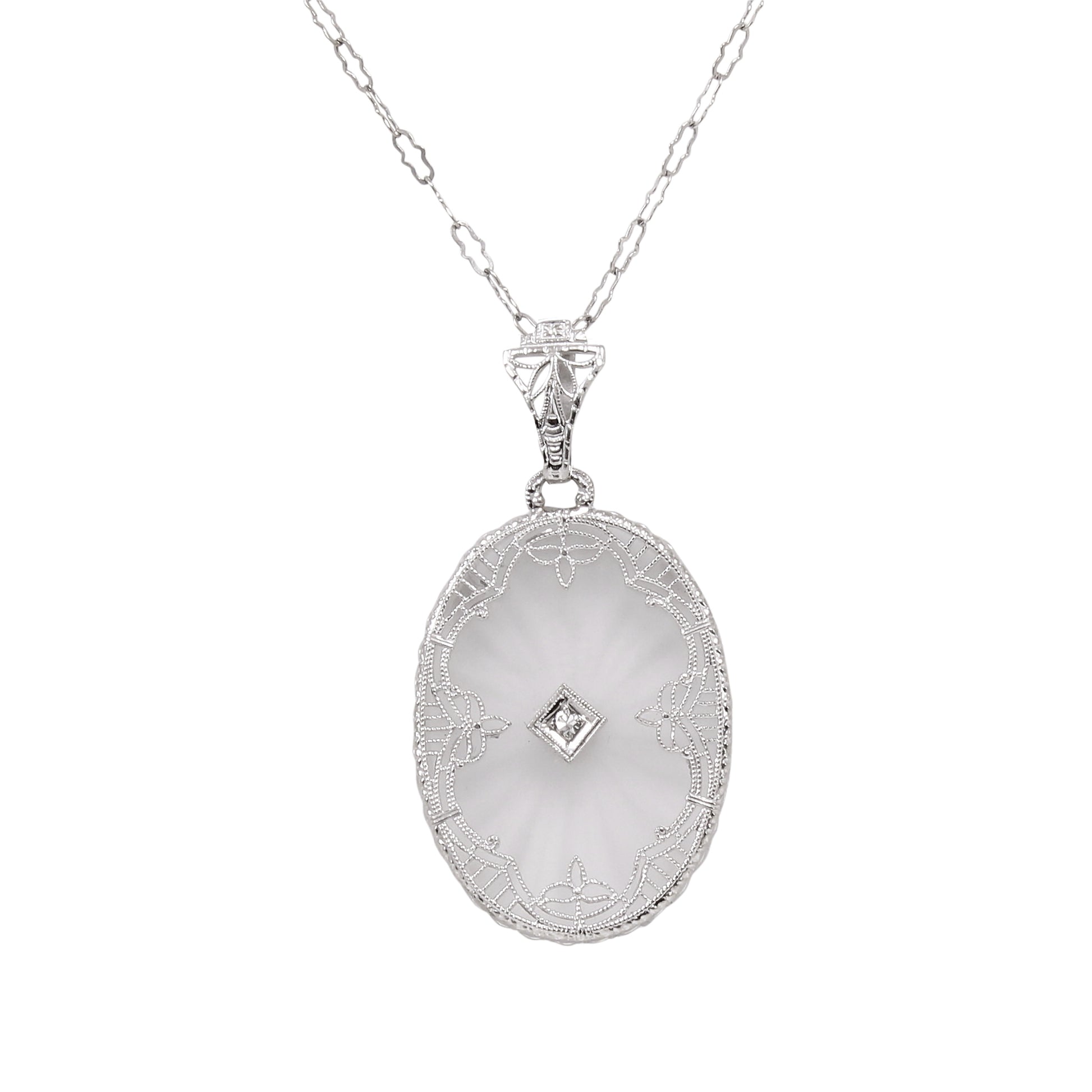 Art Deco 14k White Gold Filigree Diamond Pendant Necklace Front
