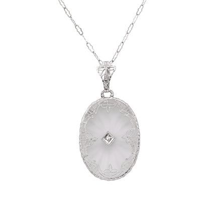 Art Deco 14k White Gold Filigree Diamond Pendant Necklace Front