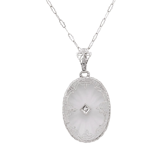 Art Deco 14k White Gold Filigree Diamond Pendant Necklace Front