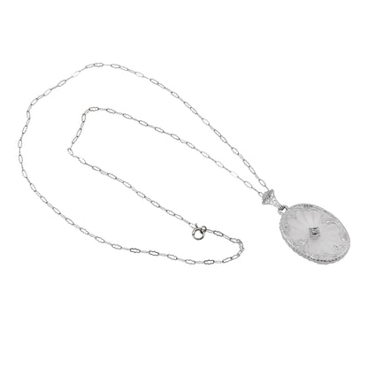 Art Deco 14k White Gold Filigree Diamond Pendant Necklace Full