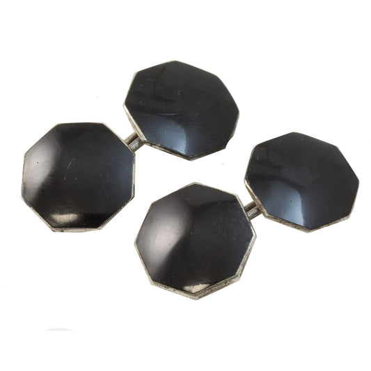 Art Deco Black Enamel Sterling Silver Cufflinks Front