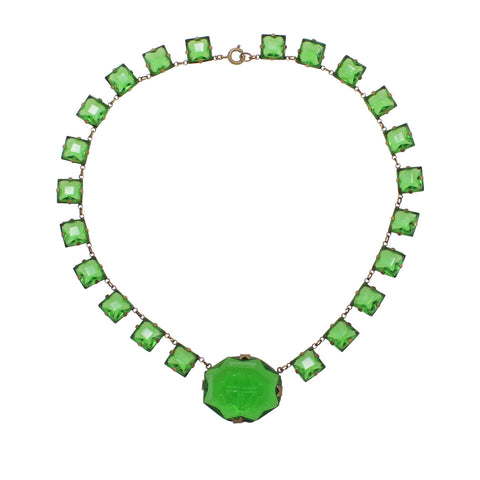 Czechoslovakia Peridot Green Glass Necklace  Front