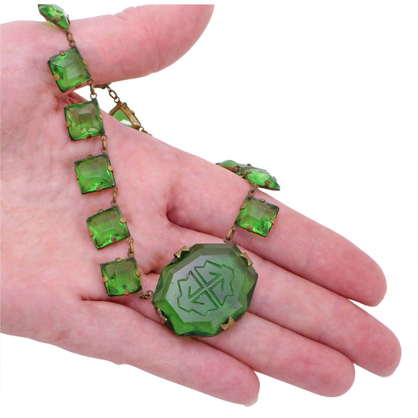 Czechoslovakia Peridot Green Glass Necklace Held