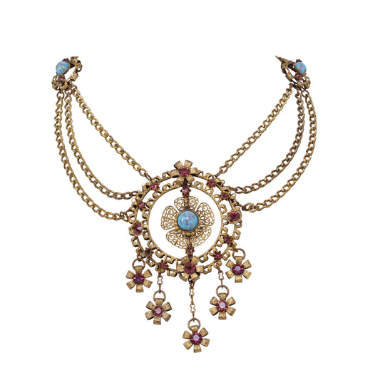Czechoslovakia Turquoise Glass and Amethyst Rhinestone Festoon Necklace Front