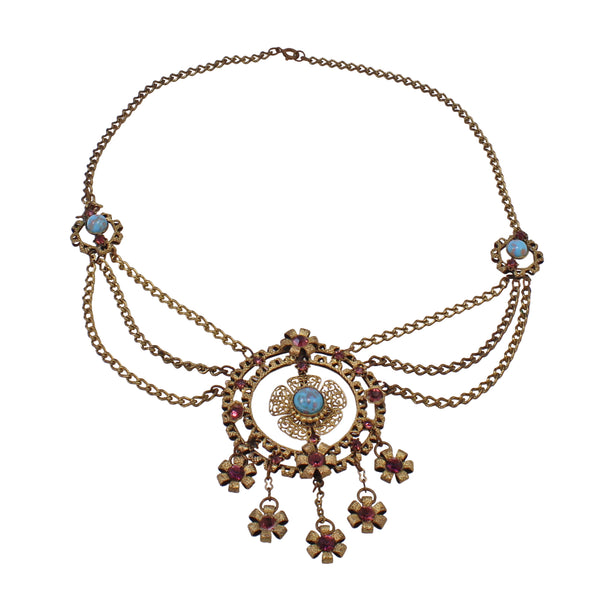 Czechoslovakia Turquoise Glass and Amethyst Rhinestone Festoon Necklace Full