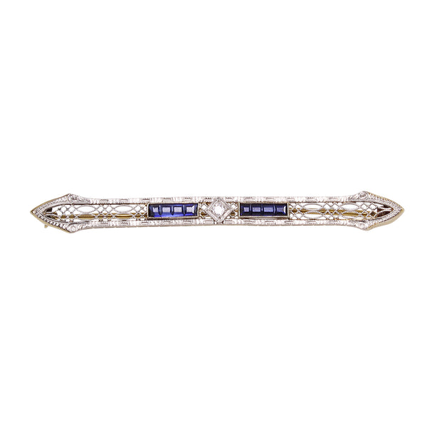 Art Deco 14k Diamond Sapphire Pin Brooch