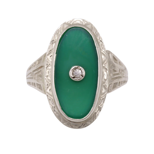 Art Deco Chrysoprase and Diamond 14k White Gold Ring Front