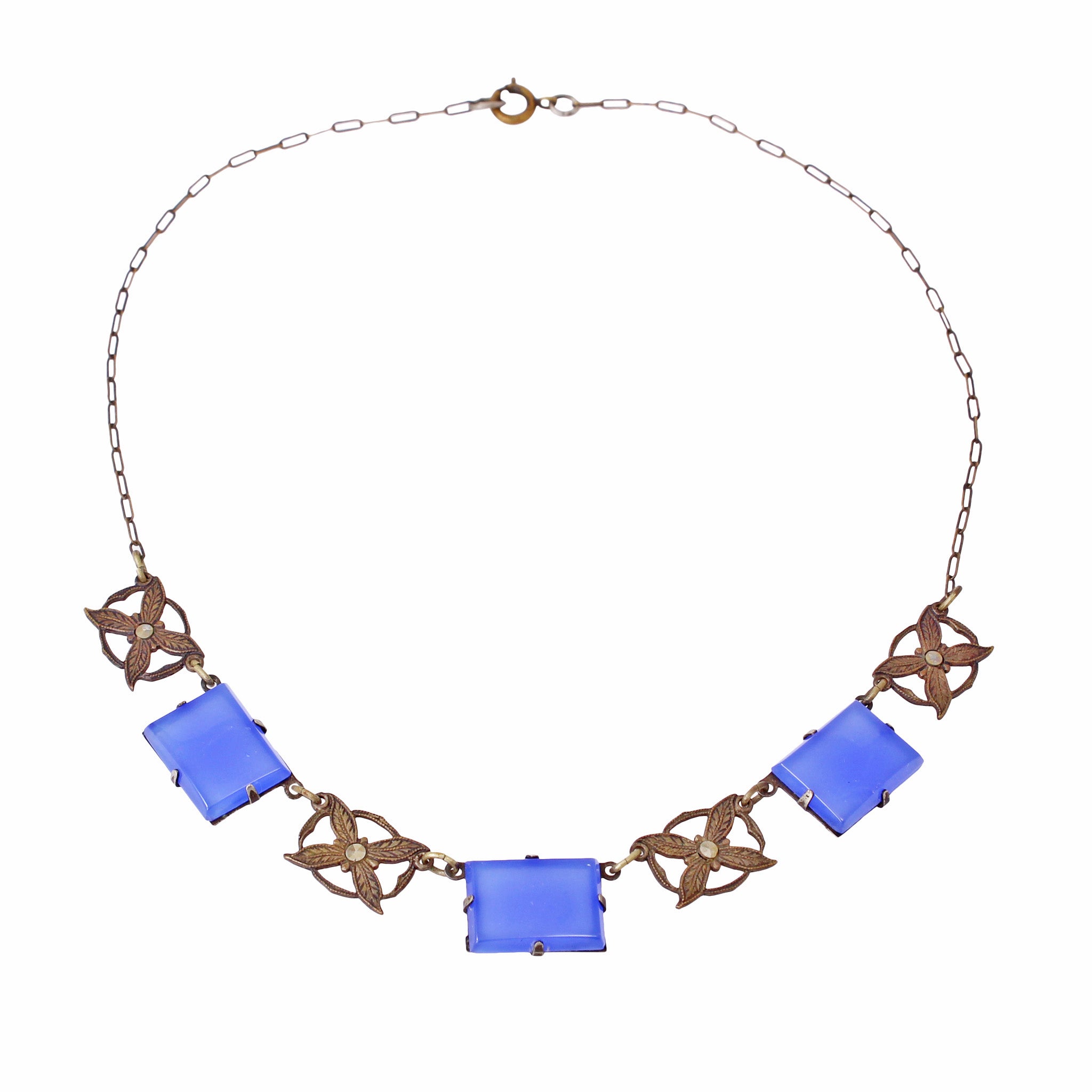 Blue Chalcedony Glass Art Deco Brass Necklace
