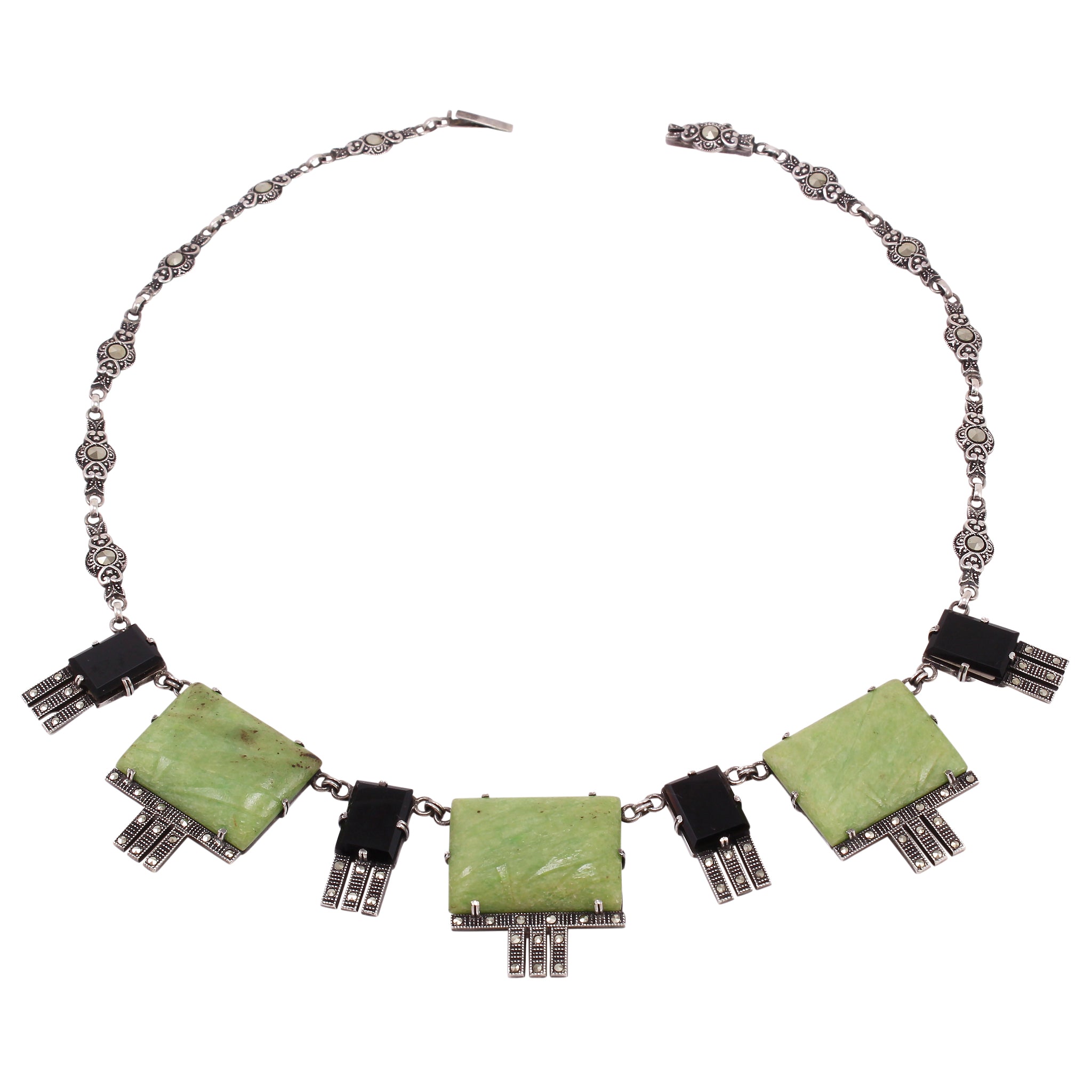 Art Deco Onyx and Pressed Glass Sterling Silver Necklace Front