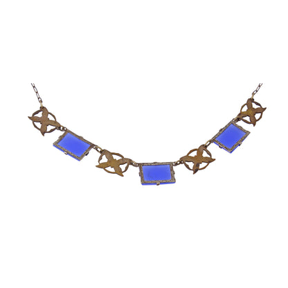 Blue Chalcedony Glass Art Deco Brass Necklace
