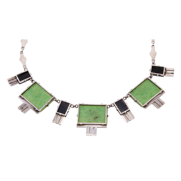 Art Deco Onyx and Pressed Glass Sterling Silver Necklace Back