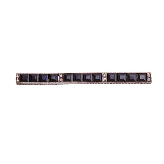 Art Deco Black Rhinestone Sterling Bar Pin Brooch Front