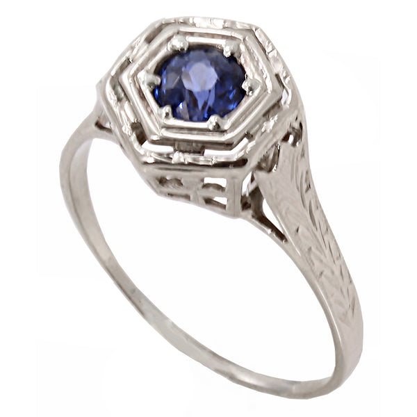 Art Deco Natural Sapphire 14k White Gold Filigree Ring Front