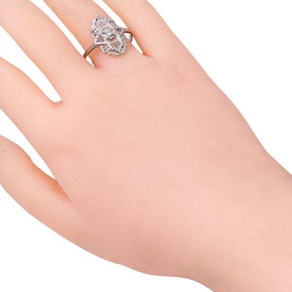 Art Deco Diamond 14k White Gold Filigree Ring Worn