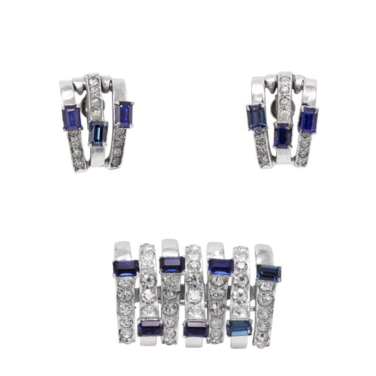 DeRosa Sterling and Sapphire Blue Rhinestone Pin/Brooch and Earrings Front
