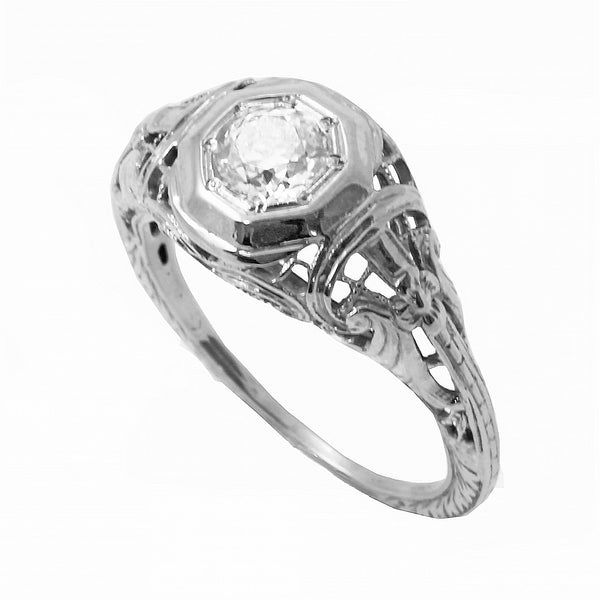 Art Deco Vintage .42 ct Diamond & 14k White Gold Filigree Ring Front