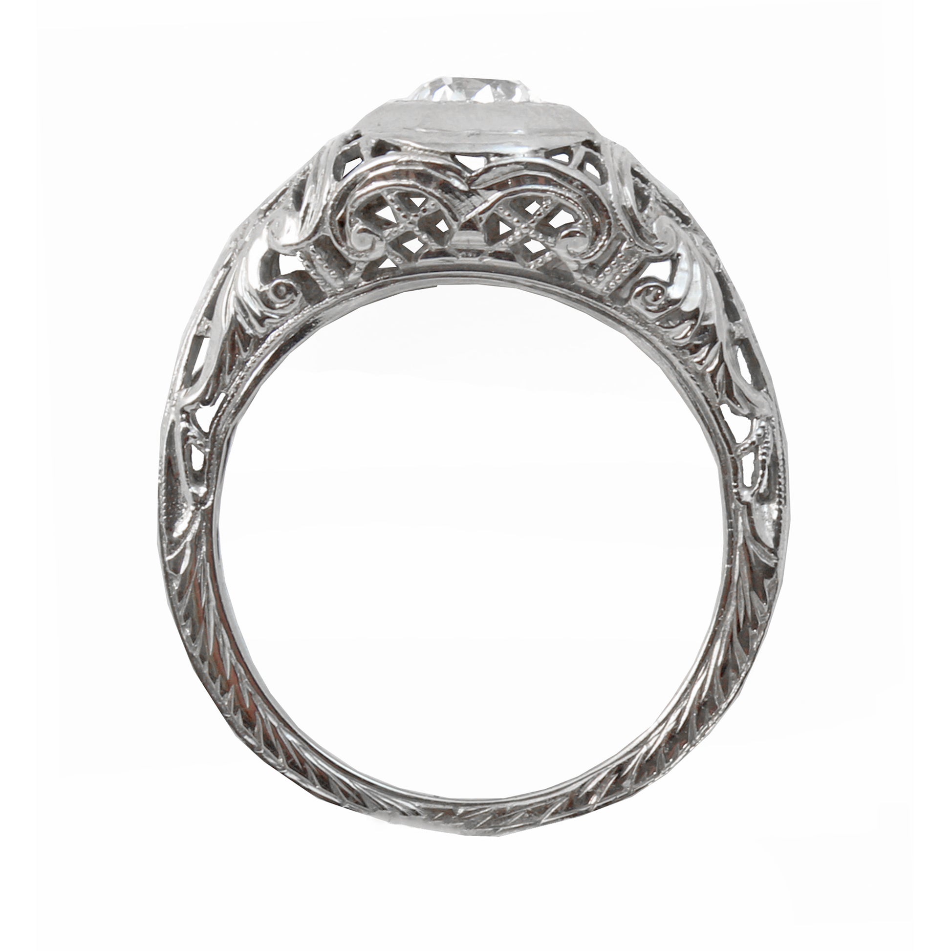 Art Deco Vintage .42 ct Diamond & 14k White Gold Filigree Ring Full