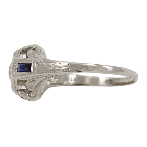 Art Deco Belais 14k Gold Diamond and Sapphire Ring Signature