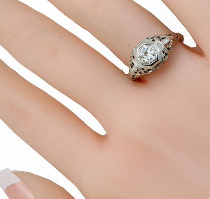 Art Deco Vintage .42 ct Diamond & 14k White Gold Filigree Ring Worn