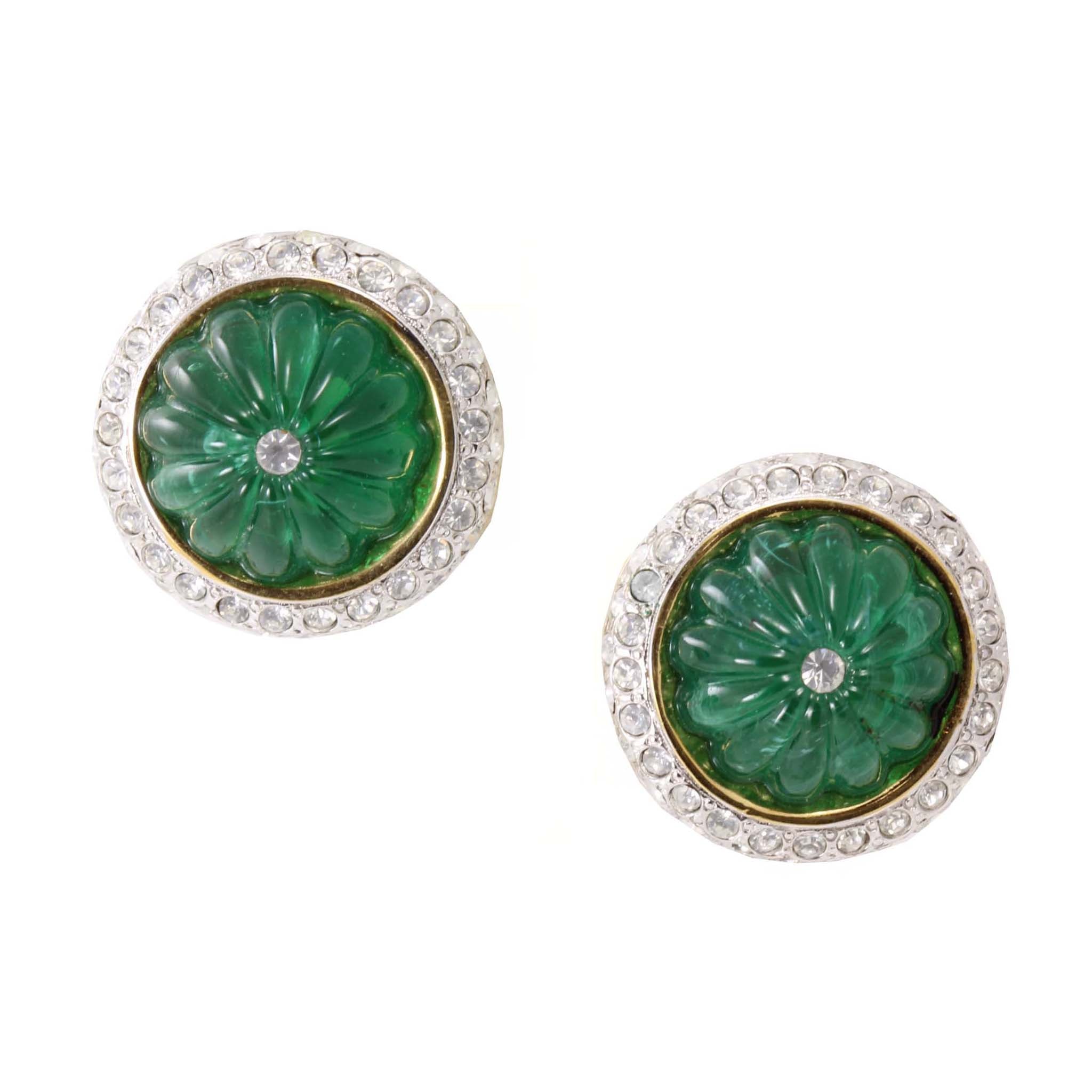 Emerald Green Glass Button Earrings Front