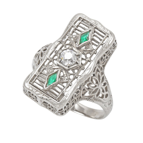 Emerald and Diamond 14k White Gold Filigree Ring