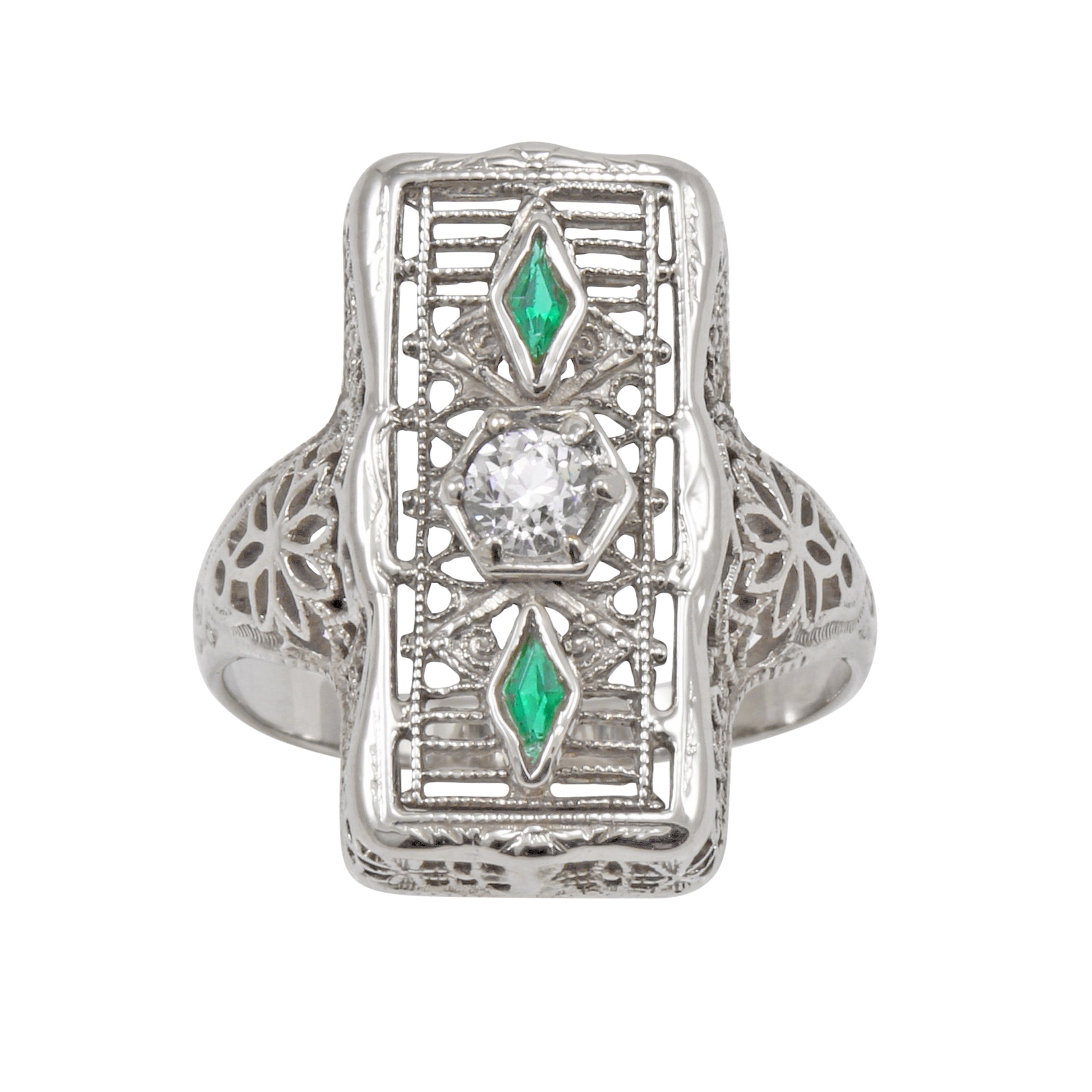 Emerald and Diamond 14k White Gold Filigree Ring Front