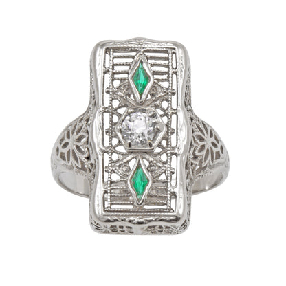 Emerald and Diamond 14k White Gold Filigree Ring Front