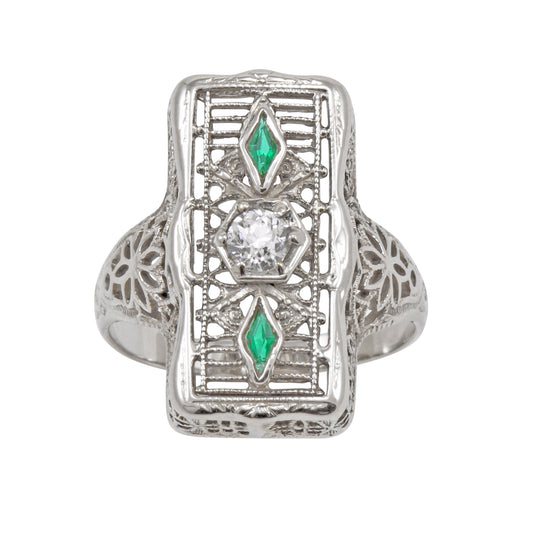 Emerald and Diamond 14k White Gold Filigree Ring Front