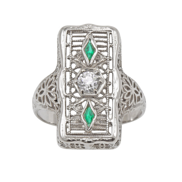 Emerald and Diamond 14k White Gold Filigree Ring Front
