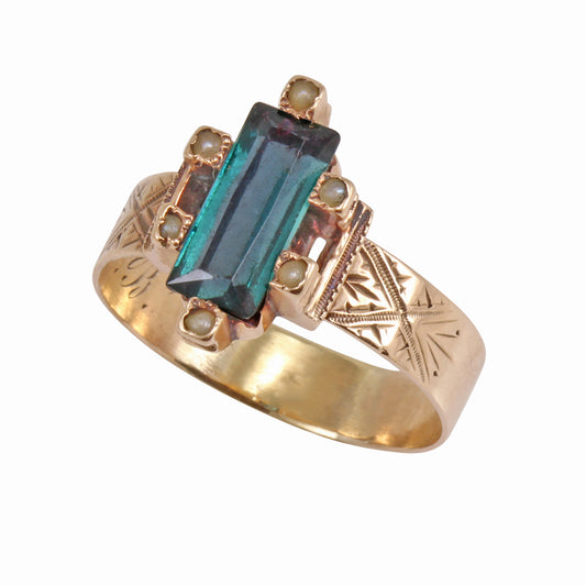 Victorian 14k Syn. Emerald and Pearl Ring Full