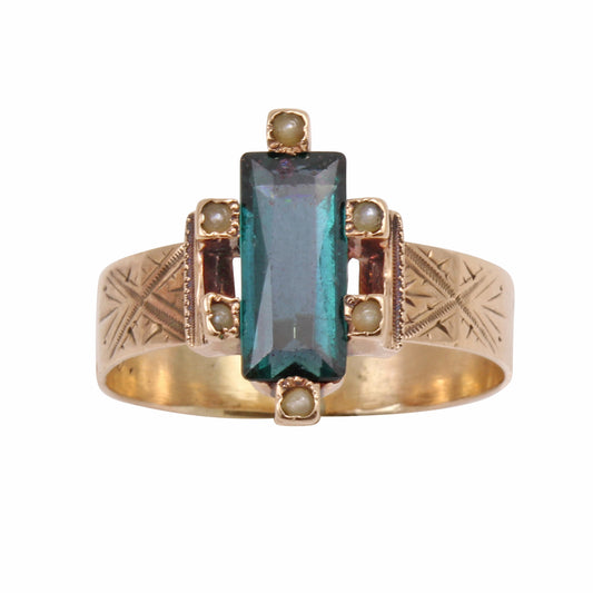 Victorian 14k Syn. Emerald and Pearl Ring Front