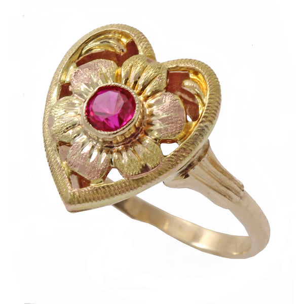 Vintage 10k Rose and Yellow Gold Lab Ruby Heart Ring Front
