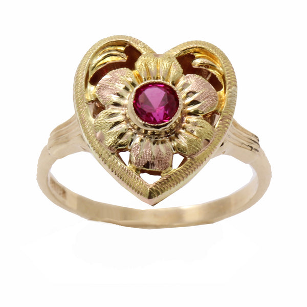 Vintage 10k Rose and Yellow Gold Lab Ruby Heart Ring Close