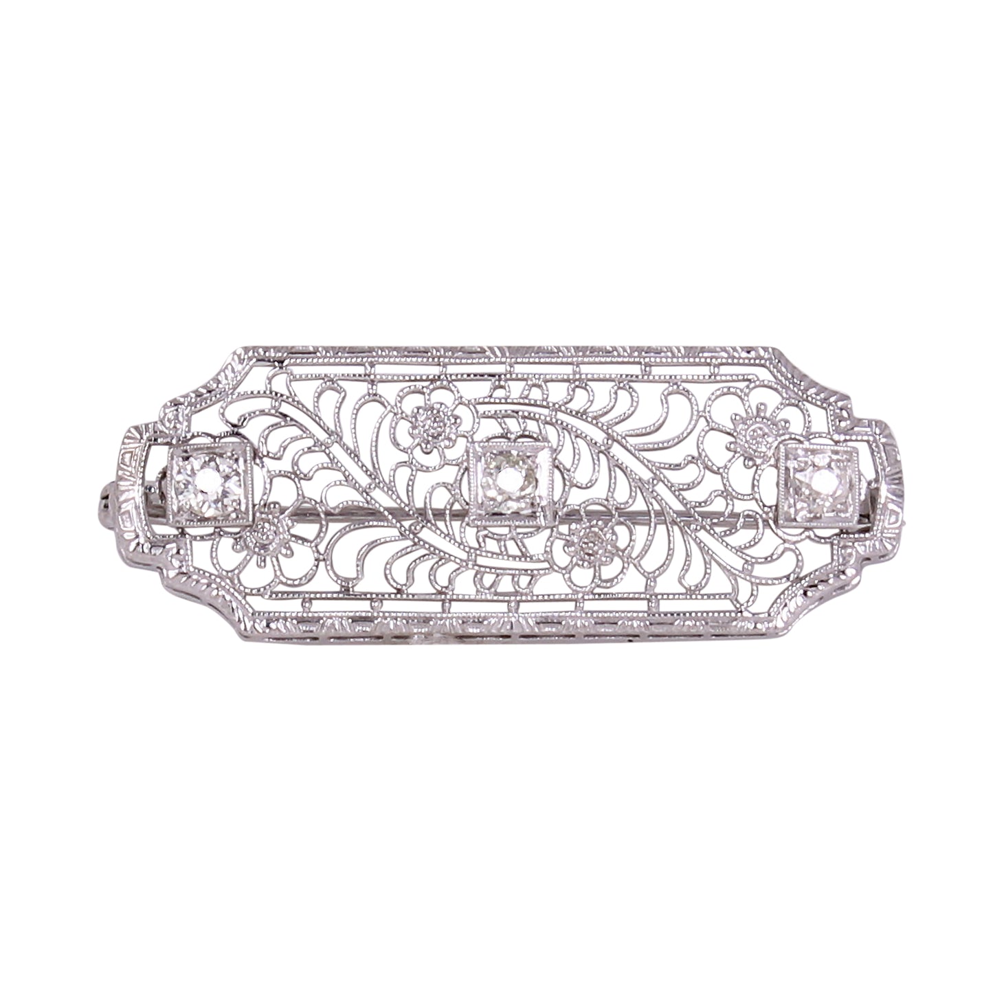 Floral 10k White Gold Filigree and Diamond Pin