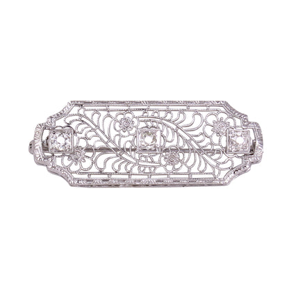 Floral 10k White Gold Filigree and Diamond Pin