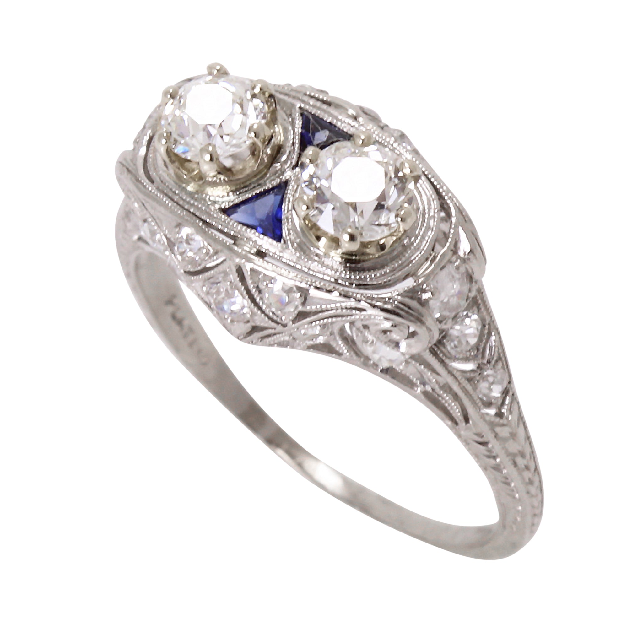 Art Deco Platinum Filigree 1.16 cttw Diamond and  Sapphire Ring