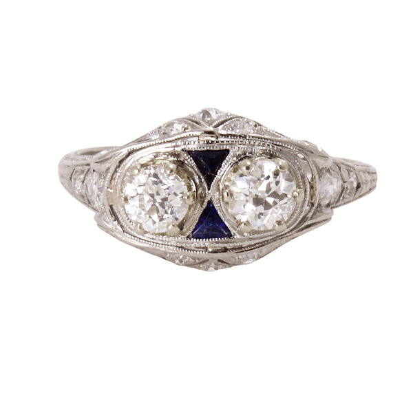 Art Deco Platinum Filigree 1.16 cttw Diamond and  Sapphire Ring Front