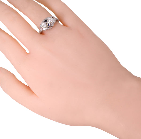 Art Deco Platinum Filigree 1.16 cttw Diamond and  Sapphire Ring Worn