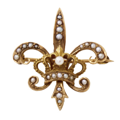 Antique Pearl Fleur de Lis 10k Yellow Gold Watch Pin Front