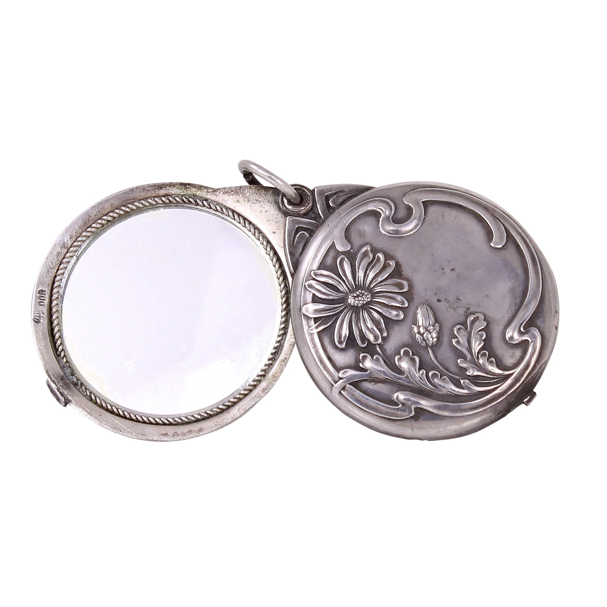 Jugendstil Art Nouveau Silver Flower Mirror Locket Pendant Open