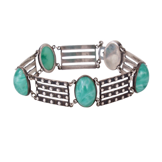 Sterling Silver Green Satin Glass Cabochon Bracelet
