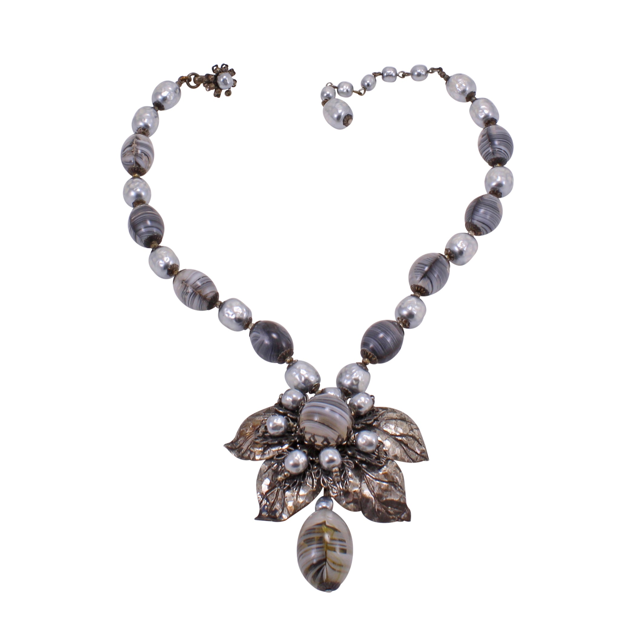 Miriam Haskell Silvery Gray Glass Pearl and Leaves Necklace – The
