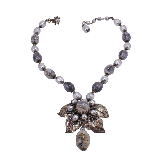 Miriam Haskell Silvery Gray Glass Pearl and Leaves Necklace Front