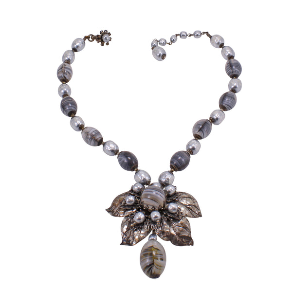 Miriam Haskell Silvery Gray Glass Pearl and Leaves Necklace Front