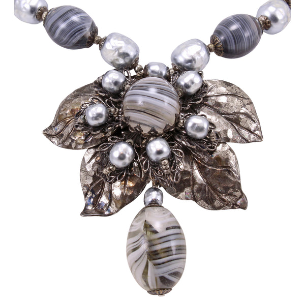 Miriam Haskell Silvery Gray Glass Pearl and Leaves Necklace Close