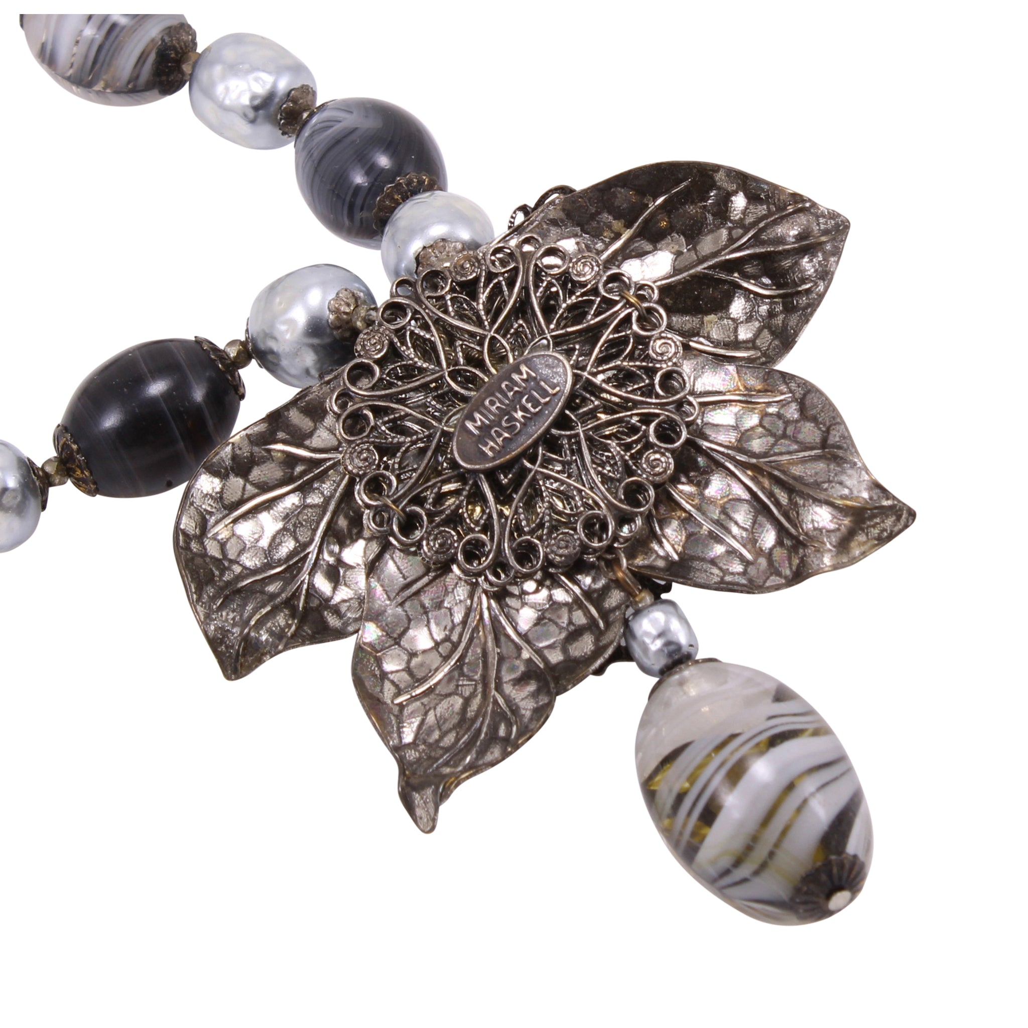 Miriam Haskell Silvery Gray Glass Pearl and Leaves Necklace – The
