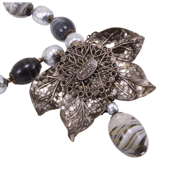 Miriam Haskell Silvery Gray Glass Pearl and Leaves Necklace Signature